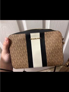 Michael Kors Brown Logo Messenger with Black and Cream Center Stripe